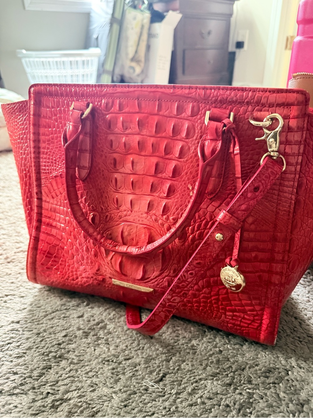 Brahmin Scarlet Croc-Embossed Satchel with Gold Hardware